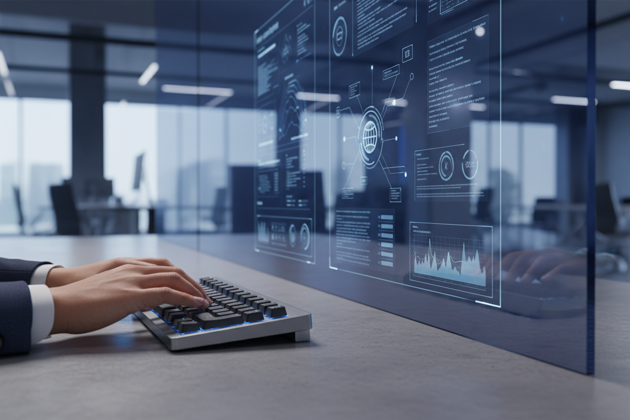 Smart Life professional working environment with cybersecurity dashboards